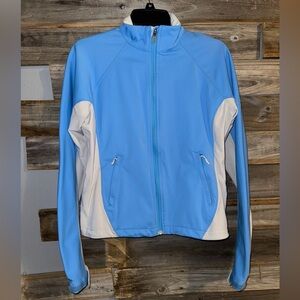 Marmot- wind stopper- women’s jacket- Medium- blue and tan color-soft shell